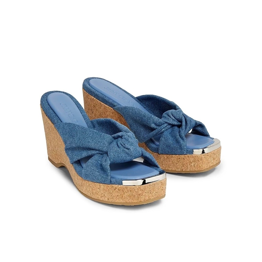 Jimmy Choo Avenue 110 Denim Wedge Sandals Knotted Upper 37